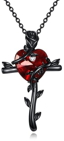DAYLINLOVE Collar de plata de ley 925 con colgante de corazón rojo y cruz, joyería gótica gótica, regalo para mujeres y niñas amantes de las rosas, 32*18.5 mm, 18+2 inches, Plata esterlina, No es una