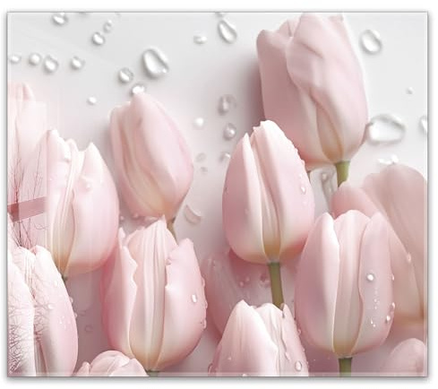 Herdabdeckplatte 60x52 cm einteilig aus 4mm ESG Glas | Rosa Tulpen, Blumen | Herd Abdeckung Abdeckplatte Induktion Schneidebrett Glasplatte für Ceranfeld