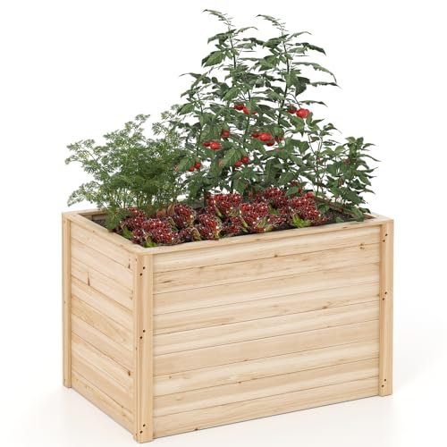 GOPLUS Jardinera de Madera de Abeto Macizo 0,36 m³, Cama de Jardín con Base Abierta para Flores, Verduras, Frutas y Arbustos de Raíces Profundas, Macetero para Patio, Invernadero, 101 x 64 x 65,5 cm