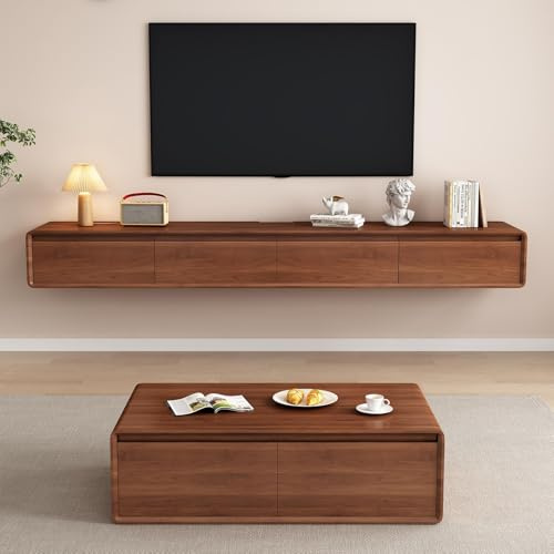 Btsunotr Meuble TV flottant de 62/78/94 à fixation murale en bois, console média, centre incurvé, bords arrondis et 4 portes (couleur noyer, 200 x 24 x 20 cm)