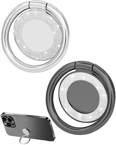 ZEXIJOW 2 soportes magnéticos para teléfono móvil,Anillo metálico brillante,Soporte redondo de aleación,Rotación de 360°,Plegable 180°,Ajustable,Compatible con iPhone y más(Negro y Plateado)