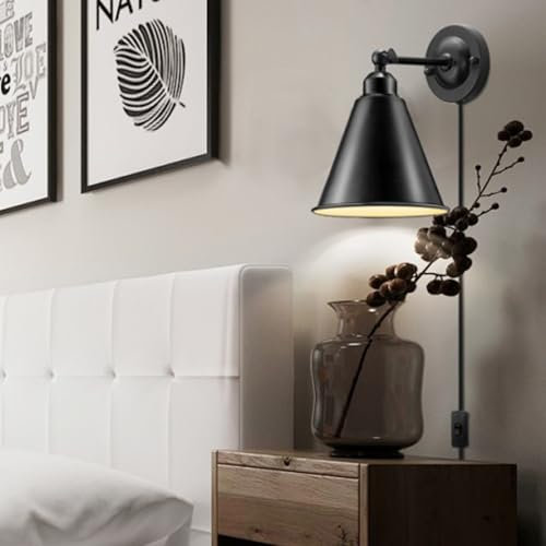 TZSMUM E27 Wandlampe Innen Wandleuchte Vintage mit Schalter Stecker und Zuleitung Wandbeleuchtung 240° Drehbare Wandleuchten Eisen für Wohnzimmer Schlafzimmer Korridor (Schwarze,1 Stück)