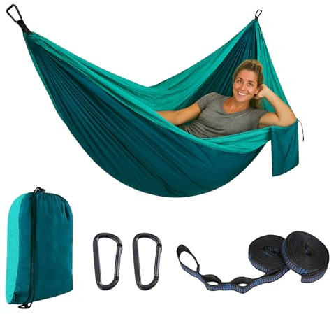 Camping Hammock – Lightweight Portable Parachute Hammock with Tree Straps, Single & Double Nylon Travel Hammocks for Backpacking, Hiking, Outdoors, Yard, Beach – Easy Setup & 230kg Support