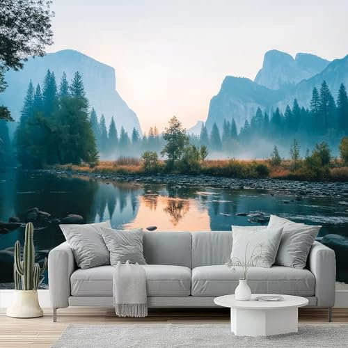 Carta da Parati Fotografica Naturale Paesaggio Montagne Fiume Poster Giganti da Parete, Fotomurale Carta Parati 300 x 210 cm Murale, Decorazione da Muro per Soggiorno Camera De Letto, Blu Arancione