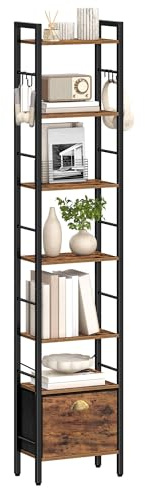 Hzuaneri Bücherregal, 7 vertikale Regale mit 1 Zusammenklappbare Stoffschubladenund 4 Haken, offene Regale, Metallrahmen, geeignet für Arbeitszimmer, Wohnzimmer Vintagebraun-Schwarz BC40701B