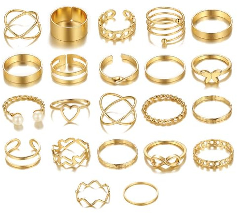 Gnepief Gold-Tone Fashion Rings Set, 22 Pieces, Adjustable Knuckle Rings Collection with Pearl and Butterfly Designs