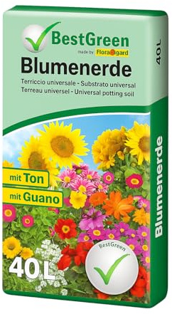 Universalerde & Premium Blumenerde 40L (BestGreen Blumenerde 40L – Hochwertige Pflanzenerde hergestellt von Floragard | Universalerde für Zimmer-, Balkon- & Gartenpflanzen)