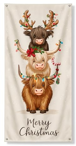 Cartel de Feliz Navidad para puerta de ganado de las tierras altas, bonita decoración festiva para uso en interiores y exteriores, 36 x 72 pulgadas