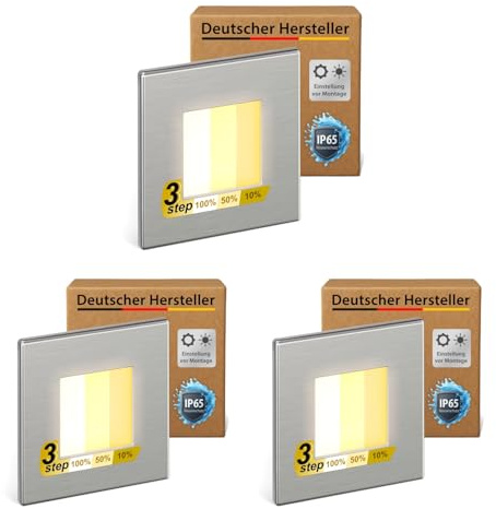 ledscom.de 3x LED Treppenlicht/Wandeinbauleuchte FEMA für innen und außen, eckig, edelstahl, 80 x 80mm, warmweiß