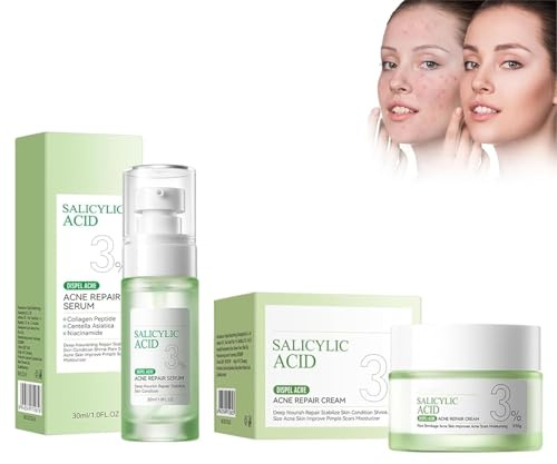 Kit Trattamento Viso All‘Acido Salicilico, Siero Anti-Brufoli E Crema Idratante, Combatte Efficacemente Brufoli E Acne, Purifica E Riduce La Dimensione Dei Pori, Controlla La Produzione Di Sebo