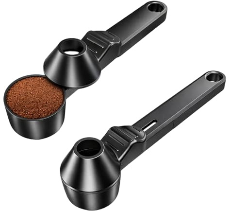 Scoop with Funnel, Coffee Scoop and Funnel for Ground Coffee, Coffee Bean Scoop and Measuring Spoon, Tablespoon Measuring Scoop for Kitchen Use, Set of Two Black Scoops 19.5 by 4.9 cm