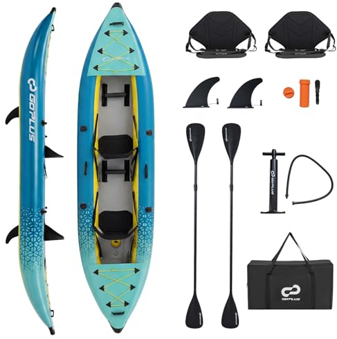 COSTWAY Juego de Kayak Hinchable 2 Plazas, 381 cm Barca Hinchable Portátil con Capacidad de 230 kg, 2 Asientos Acolchados y Reposapiés Ajustables, Remos de Aluminio y Bomba de Mano (Azul Claro)