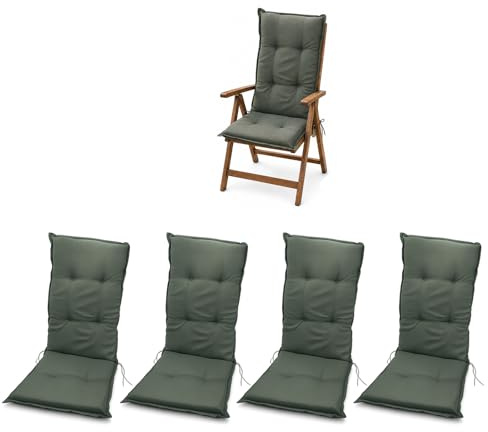BURI 4X Hochlehner Auflage 117x49x6 cm - wetterfeste Gartenstuhlauflage mit Schaumkern & Vollvlies, Halteband & Bindebänder, bequemes Stuhlpolster für Balkon, Terrasse & Garten (Grün)