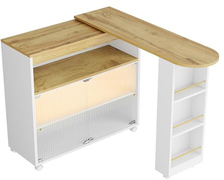 eisaro Kücheninsel freistehend mit ausziehbarem Tisch 138-204 cm – Küchenwagen mit Arbeitsplatte & Stauraum, Multifunktionaler Bartisch mit LED-Beleuchtung, Hausbar mit Rollen für Küche & Esszimmer