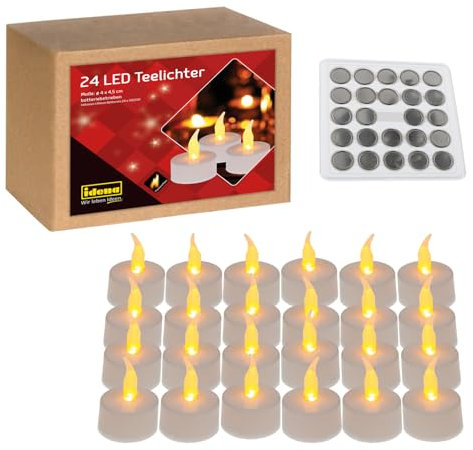 Idena 50023 - LED Teelichter, 24 Stück in Warmweiß, elektrische Kerzen mit flackerndem Licht, inkl. Batterien, Deko für Innen, zum Basteln, als Party Deko, Weihnachtsdeko, Osterdeko, zur Hochzeit