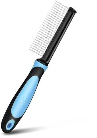Flexzion Metal Pet Comb for Cats & Dogs - Sturdy Stainless Steel Rounded Teeth with Non-Slip Soft Grip Handle Easy to Use Grooming Detangling Cat Combs for Indoor Cats, Blue