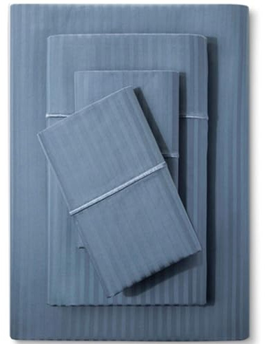 Feather & Stitch 500 TC Queen Size Damask Bed Sheet Set, 100% Cotton Soft Breathable Bedsheets, 4 Piece 18 Deep Pockets Sateen Weave Striped Bedding Mattress Resort Hotel Luxury Décor - (Blue Stripe)