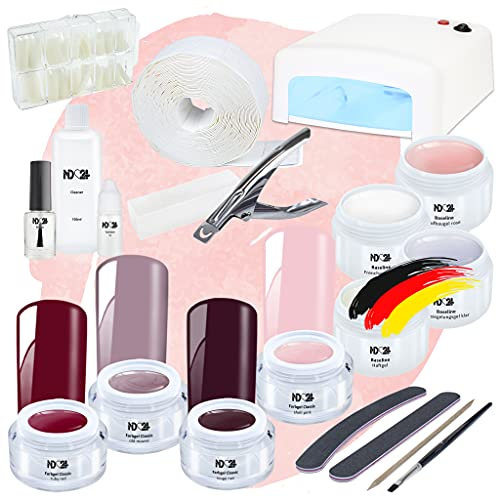 – Gelnägel Starter Set Premium mit UV Haftgel, Aufbaugel, Frenchgel, Versiegelungsgel, UV-Lampe & Zubehör + Amarena Cherry Gele – für Anfänger geeignet – Gele Made in Germany & vegan