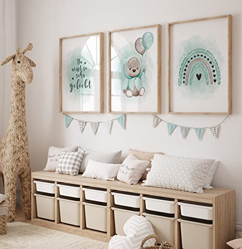 artpin® 3er Set Poster Kinderzimmer Skandinavische Deko - A4 Bilder Babyzimmer grau Deko Junge mint P48