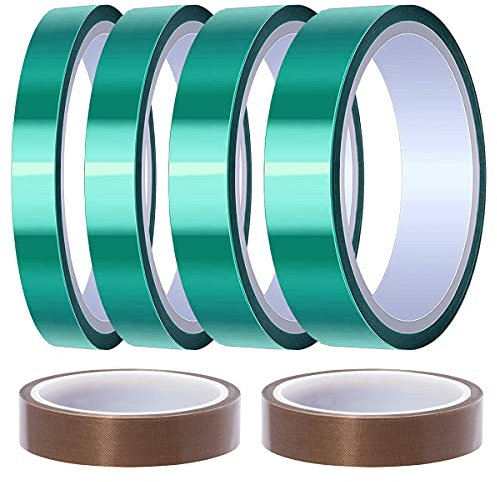 Youmile 4 rotoli di nastro in poliestere per alte temperature Nastro in PET verde 8/12/20/25 mm x 33 m(108 piedi) Nastro adesivo in silicone con 2 rotoli di nastro in teflon da 15 mm x 10 m(33 piedi)