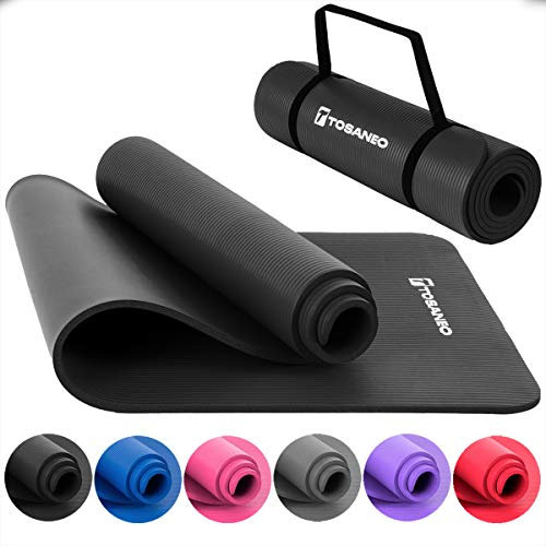 TOSANEO Fitnessmatte mit Tragegurt Gymnastikmatte aus NBR Schaumstoff rutschfeste Sport-Matte für Pilates Workout und Meditation Yogamatte 183x61x1cm Schwarz