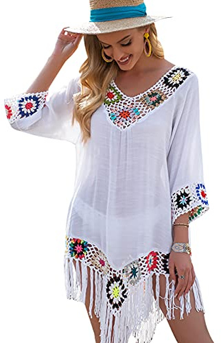 Strandkleid Damen Fransen Bikini Cover Up Kleid Strand Gehäkelte Strandkleider Damen Sommer Gehäkeltes Strandkleid Gehäkelt Boho Kurzarm Große Größen Swim Beach Cover Ups Übergröße Sommer Locker Weiß