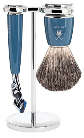 MÜHLE Rytmo Rasierset - Rasierer kompatibel mit Gillette-Klingen, Rasierpinsel reines Dachshaar, Halterung, Edelharz Griff petrol