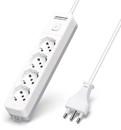 Aigostar Multipresa Ciabatta 4 Posti 3680 W, Cavo 5 m con Interruttore, Bianco/Grigio – Presa Multipla da Scrivania, Casa e Ufficio