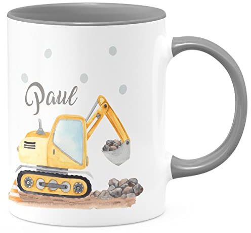 miKalino Keramik Tasse Bagger mit Wunschname | Kaffee Becher Kaffeetasse Geschenk, Farbe:grau, Grösse:330ml
