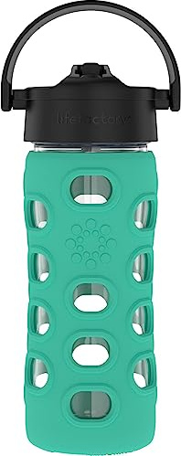 Lifefactory 12-Ounce Glass Water Bottle with Pivot Straw Cap and Protective Silicone Sleeve, Kale