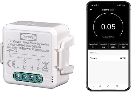 Interrupteur Zigbee 16 A avec compteur de consommation électrique, relais Power Metering Smart Control App, marche/arrêt, compatible Alexa Echo et Google Home, relais 3680 W