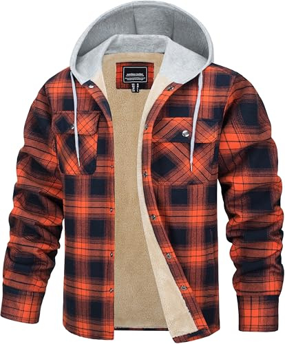 TACVASEN Men's Hooded Flannel Shirts Jacket Lined Fleece Plaid Hoodies Shirts Button Down Padded Check Lumberjack Jacket Orange,M