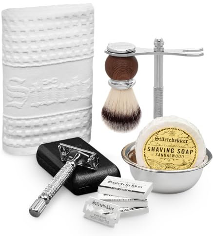 Störtebekker® Premium Genießer Set - Hochwertiges Rasierset für eine perfekte Rasur - inkl. Rasierhobel, Rasierpinsel, Rasierseife Sandelholz, Rasierschale, Rasierständer, Rasiertuch - Geschenkidee