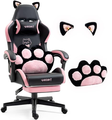 Vigosit Gaming Stuhl Niedlich mit Ohren und Kawaii Kissen, Ergonomische Computer-Spiel-Stuhl für Mädchen mit Lendenwirbelstütze und Fußstütze, Bequeme zurücklehnen PC Gamer Stuhl für Teenager