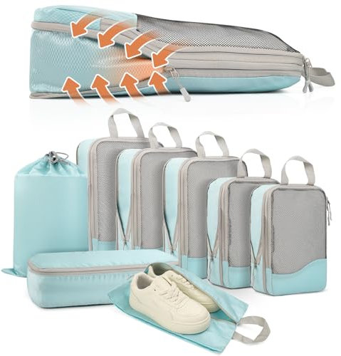 Compression Packing Cubes 8 Stück, Koffer Organizer Kompression, Packwürfel Packtaschen Kompression, Verpackungswürfel Kompression, Packing Cubes Backpack, Reise Organizer Set (Blau)
