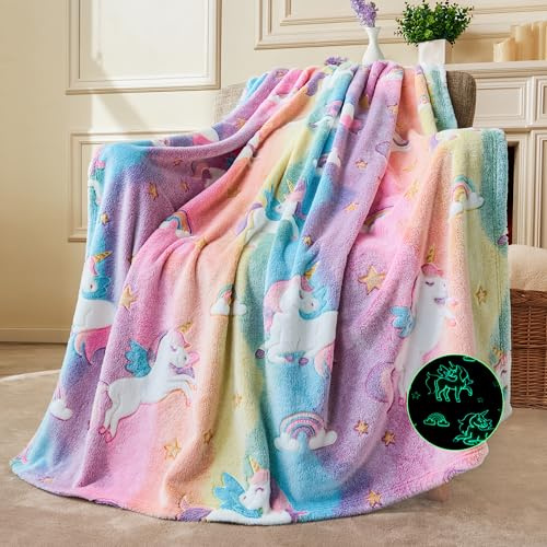 Joiedomi Glow in The Dark Blanket - Unicorns Gifts Toys for Girls Age 2 3 4 5 6 7 8 9 10 11 12 Year Old - Soft Cozy Flannel Kids Throw Blanket, Birthday Bedroom Decor 50×60