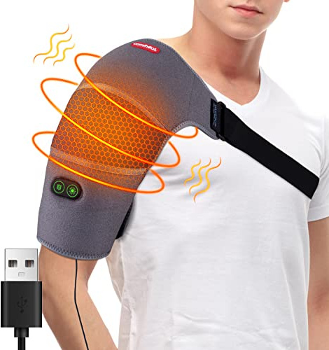 comfheat Soporte de hombro calentado por USB con masaje vibratorio para manguito rotador, alivio del dolor, hombros congelados, dolor en las articulaciones, masajeador de hombros ajustable para