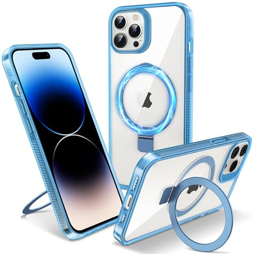 Flyzoo Magnetic Kickstand Case for iPhone 14 Pro Max, [Compatible with MagSafe & Invisible Ring Stand Holder] [Non-Yellowing & Shockproof] Transparent Hard Silicone Edge Cover, 6.7'', Clear Blue