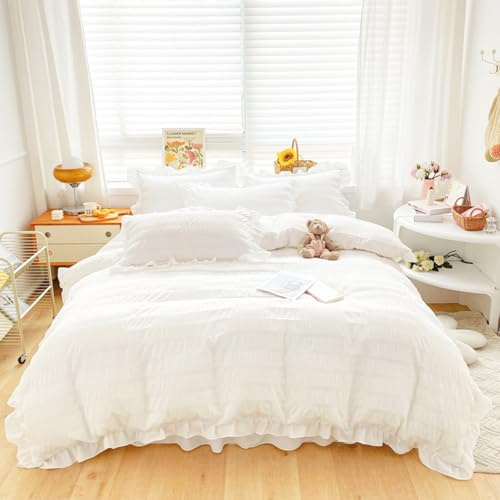 ZIQINPSQ Seersucker Duvet Cover Set Ruffle Duvet Cover Bedding Set,Romantic French Princess Style Ruffled Duvet Cover with Zipper Closure (White, Double)