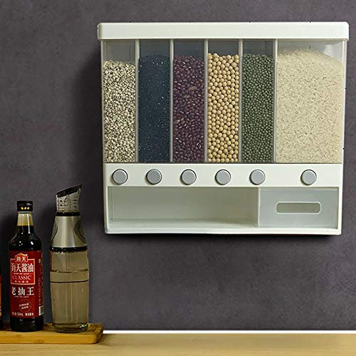 BLHKBAIKBN 6in1 Wall Mounted Kitchen Storage Jars with 10L Modern Grain Dispenser Perfect for Cereal Flour Coffee Beans Cornflakes and Spaghetti Made of PP Material