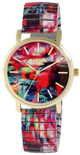 Raptor Colorful Edition Ausgefallene Damenuhr Bunt | Armbanduhr Damen außergewöhnlich mit Zugarmband | Besondere Damenarmbanduhr – Modische Uhr Frauen Senioren (Rot)