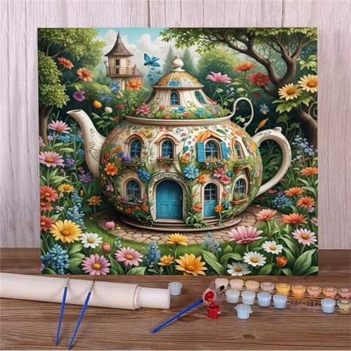 Qijinn Cartoon Teapot House Paint by Numbers Kits for Adults,Without Frame Paint by Number Kits on Canvas,DIY with Paint Brushes Color Oil Painting Acrylic Paints for Home Wall Decor 16x16 inch