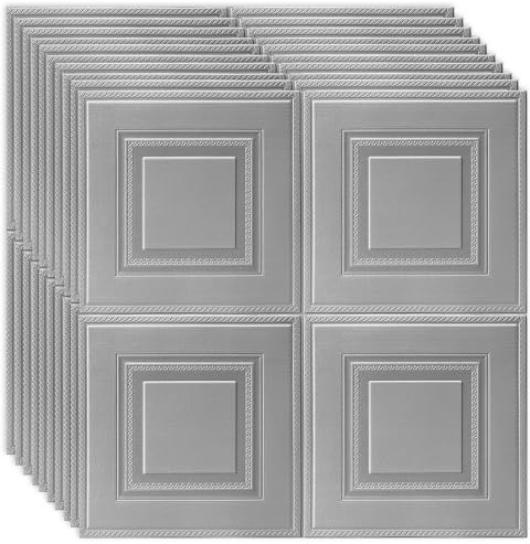Snewvie Grey 20 PCS Ceiling Tiles Self Adhesive Peel and Stick Wall Panels Self Adhesive 3D Grid Wood Wall Panels 70X70cm 3D Waterproof PE Foam Ceiling Covering for Home/Office Decoration
