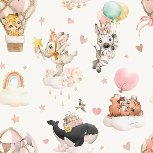 Kindertapete in Tier, Aquarell Muster mit Ballons und Herzen, Pastellfarben