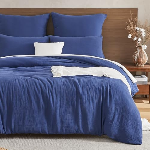 EMME Musselin Sängkläder 220 x 240 cm – 100 % bomull, Oeko-TEX certifierad, dubbelt extra mjukt set om fyra årstider, 1 påslakan + 2 örngott, sommarsängkläder mörkblå