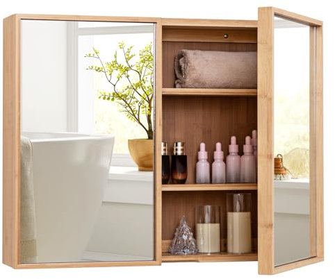 COSTWAY Bambus Spiegelschrank Bad, Badezimmerschrank mit Spiegel, Badezimmer Hängeschrank mit 2 Türen & 2 verstellbaren Regalen, Wandschrank für Badezimmer, Natur