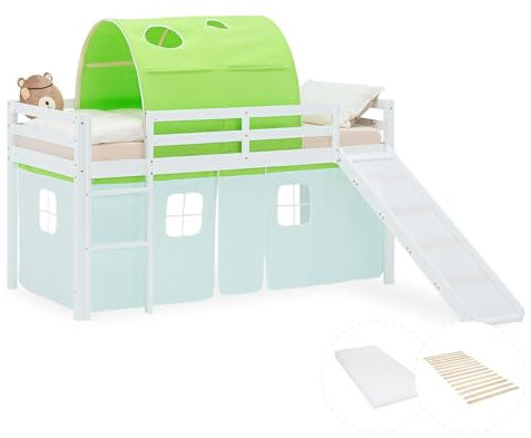 Homestyle4u Lit mezzanine, avec toboggan, matelas à lattes, 90 x 200 cm, blanc, en bois de pin, avec tunnel et rideau vert, article 2982