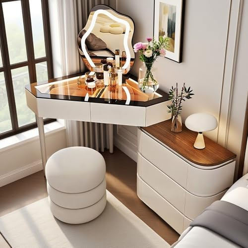 Vofikoli Eckschminktisch mit Beleuchtung, Kosmetiktisch mit Spiegel, Eck Schminktisch Schlafzimmer mit Hocker, Schminktisch Ecke mit 3 Färben LED Kosmetikspiegel, Moderner Frisiertisch (Weiß)