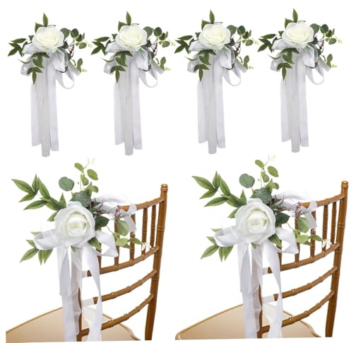 Xoeryoy 6Pcs Wedding Aisle Decor Rose Wedding Flowers Decorations Pew Flowers with Leaves and Ribbons Artificial for Ceremony Party Chair Church Bench White