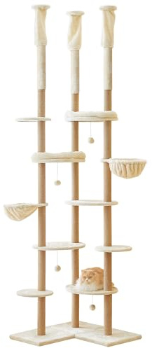 Quuzee Deckenhoher Kratzbaum groß, 224-290 cm höhenverstellbar, Dreibein-Design mit 18 sisalumwickelten Säulen, mehrstöckig mit Mehreren Ebenen, 2 Hängematten, 6 Plattformen, Beige
